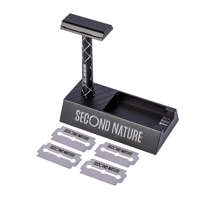 Second Nature zwart plastic vrije scheermes setje met scheermes, standaard en vervangbare mesje