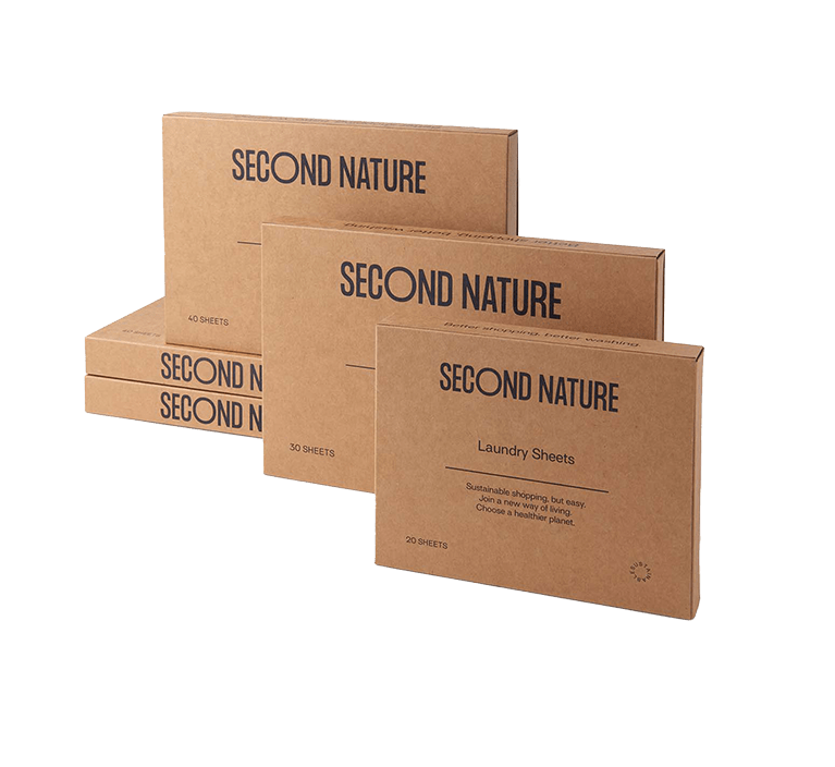 Second Nature biologisch afbreekbare Laundry sheets verpakkingen met 20, 30 en 40 sheets