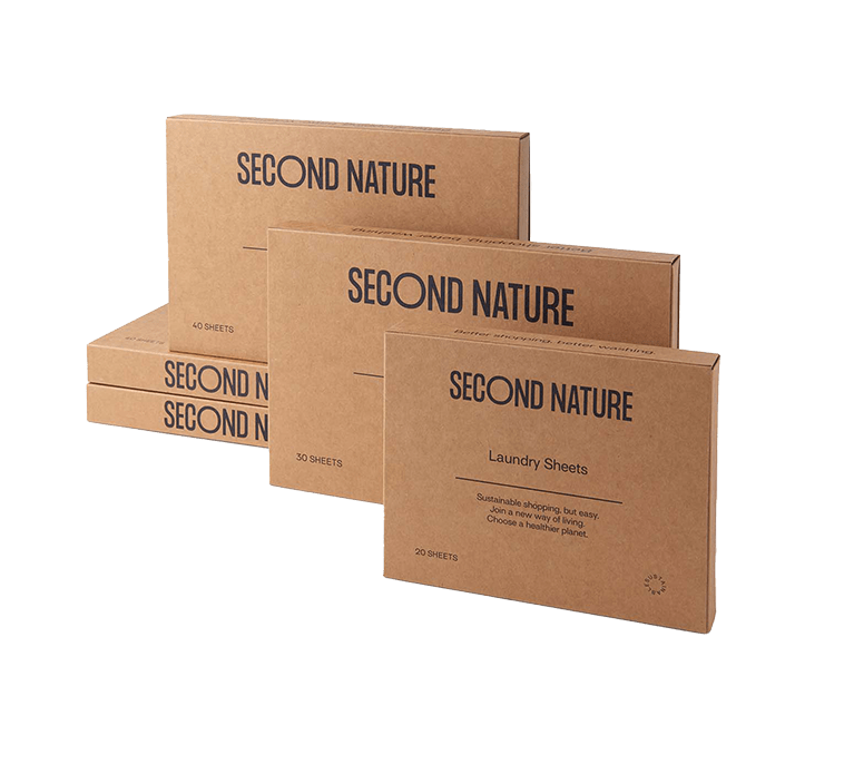 Second Nature biologisch afbreekbare Laundry sheets verpakkingen met  20, 30 en 40 sheets
